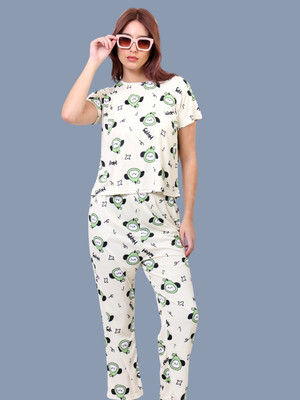 clothus Women Printed Green, White Top & Pyjama Set