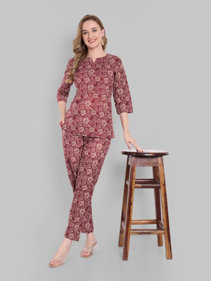 Nefies Women Printed Maroon Night Suit Set