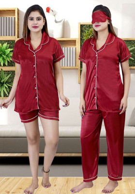 kinu Women Self Design Maroon Shirt & Pyjama set