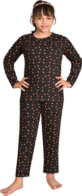 IndiWeaves Girls Printed Black Night Suit Set