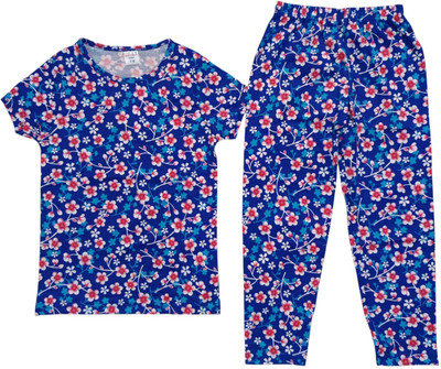 KANNIMAR Girls Printed Blue Night Suit Set