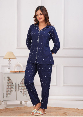 Mahaveeraattire Women Polka Print Blue Shirt & Pyjama set