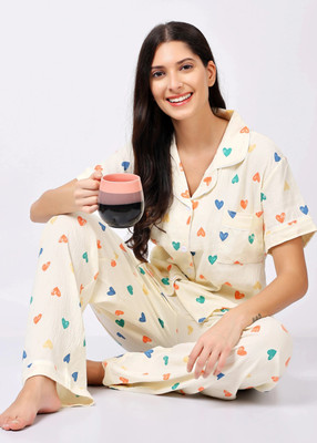 Lugo Women Printed Beige Night Suit Set