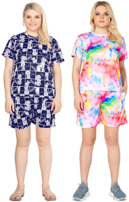 ANFAFAB Women Printed Multicolor Top & Shorts Set