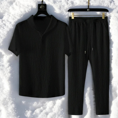 GC FAB Men Self Design Black Night Suit Set