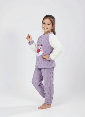 Lugo Boys & Girls Solid White, Purple Night Suit Set
