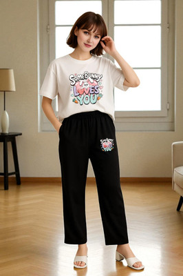 Elvia Women Printed Black, White Top & Pyjama Set