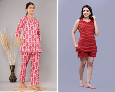 hustle bustle Women Printed Red Top & Pyjama Set