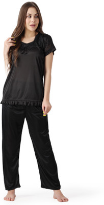 Cotovia Women Solid Black Top & Pyjama Set