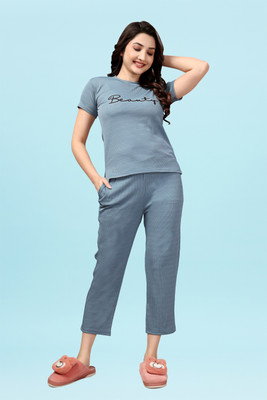 EVVYN Women Printed Light Blue Top & Pyjama Set