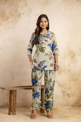 FASHION CLOUD Women Floral Print Light Green Top & Pyjama Set