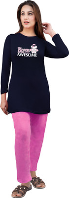 URBE Women Printed Dark Blue, Pink Top & Pyjama Set