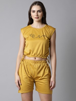 BAILEY SELLS Women Printed Yellow, Black Top & Shorts Set