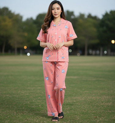 BLUELOCK Women Printed Pink Night Suit Set