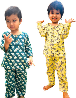 Tittertots Girls Printed Yellow, Blue Night Suit Set