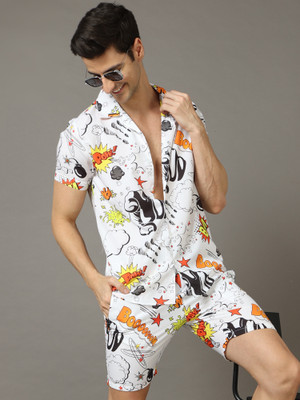 Bushirt Men Printed White Night Suit Set