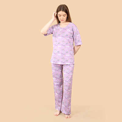 NaughTiee Women Printed Purple Top & Pyjama Set