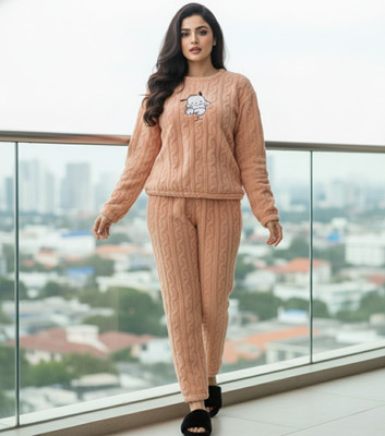 BLUELOCK Women Self Design Pink Night Suit Set