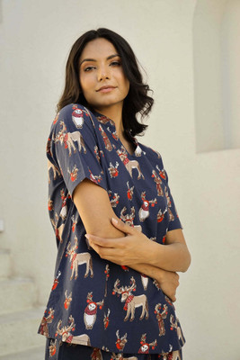 Jixpox Women Animal Print Blue Top & Pyjama Set
