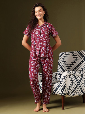 Clovia Women Floral Print Multicolor Shirt & Pyjama set