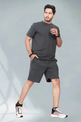 DivRa Clothing Men Solid Grey Top & Shorts Set