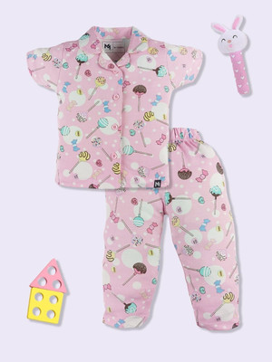 YK X Minute Mirth Baby Girls Printed Pink Night Suit Set