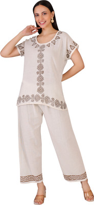 Thread Craft Studio Women Printed, Geometric Print Beige Top & Pyjama Set