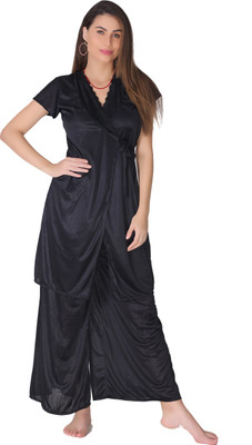WONDERBELLA Women Nighty with Robe(Black)