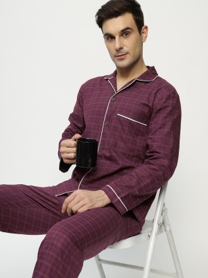 Hancock Men Checkered Maroon Night Suit Set