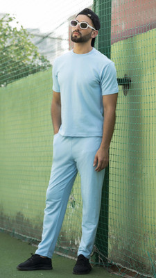 CHKOKKO Men Solid Light Blue Top & Pyjama Set