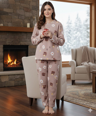 Belvik Women Printed, Self Design Brown Top & Pyjama Set