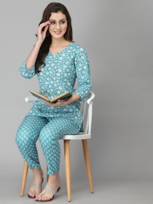 his&her Women Floral Print Blue Night Suit Set