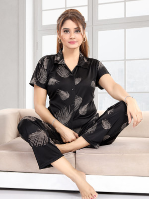 Trade Zone Women Printed Black Shirt & Pyjama set
