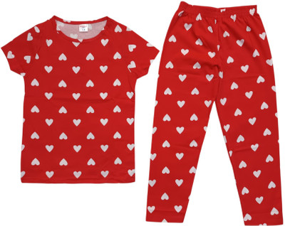 KANNIMAR Girls Printed Red Night Suit Set