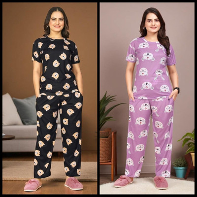 FASHION GREAB Women Printed Black Top & Pyjama Set