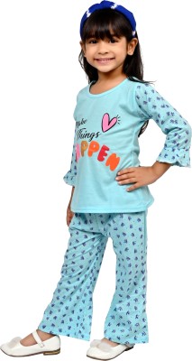 The RN creation Baby Girls Printed Blue Shirt & Pyjama set