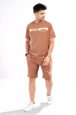 WEET Men Printed Brown Top & Shorts Set