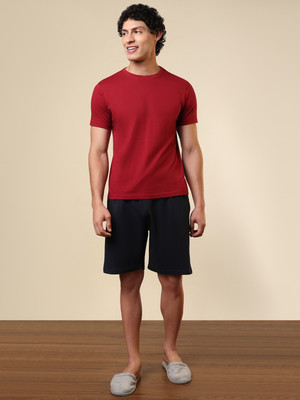 SLEEPZ BY RAYMOND Men Solid Red, Black Top & Shorts Set