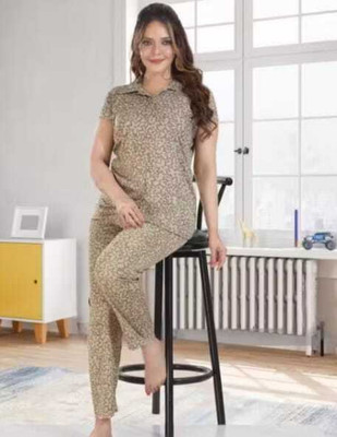 shree shiv Women Printed Beige Shirt & Pyjama set