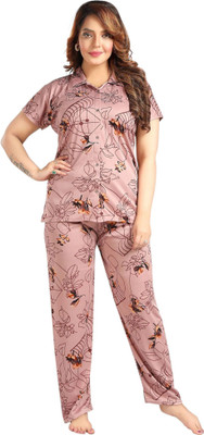 h r creation Women Printed Pink Shirt & Pyjama set