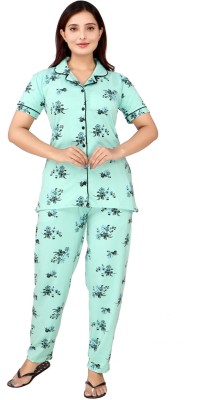 WOOLVALLEY Women Printed Light Green Shirt & Pyjama set