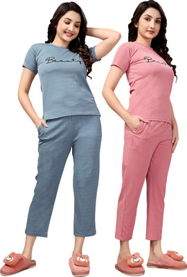 ZEEMBOOLI Women Self Design Pink, Grey Night Suit Set