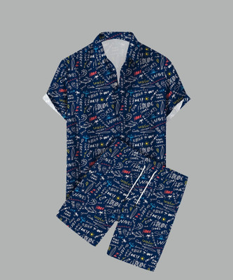 HASINI Fashion Men Printed Blue, White Night Suit Set