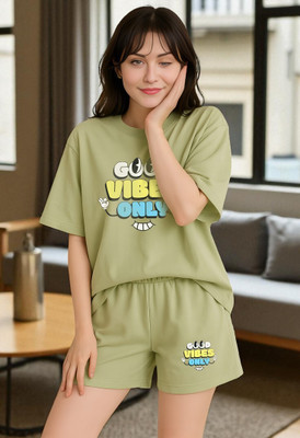 Elvia Women Printed Light Green Night Suit Set