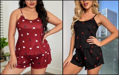 ROWENA Women Printed Maroon, Black, White, Red Top & Shorts Set