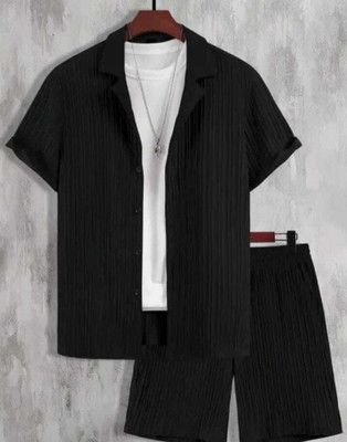 SADBHAVNAFABRIC Men Self Design Black Night Suit Set