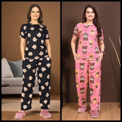 FASHION GREAB Women Printed Black Top & Pyjama Set