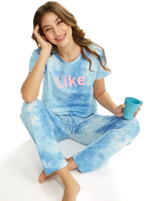 LOTIK Women Printed Light Blue Top & Pyjama Set