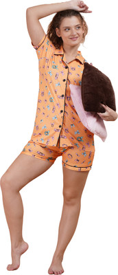 GuSo Shopee Women Printed Orange Top & Shorts Set