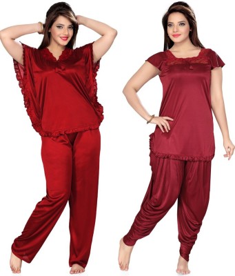 PHALIN Women Solid Maroon Top & Pyjama Set